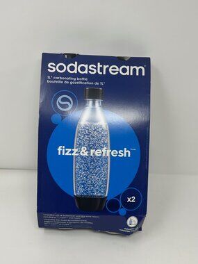 NIB SODA STREAM Two Pack 1 Liter Black Cap Bottles Tall New, Dishwasher Safe